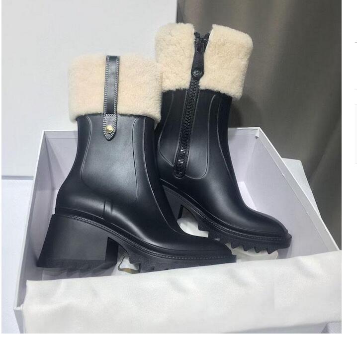 

2021 Winter Womens heeled Rainboots Half Boots shoes Chunky Med Heels Square Toes shoe Zip Women Heel Mid Calf Booty Wear Resistant Thick Soled Boots, Dark navy
