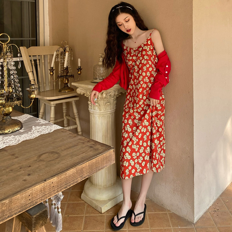 

2021 New Red Spaghetti Strap Slim Vintage Flora Long Sweat Sexy Summer Beach for Women Beachwear Off Shoulder Backless Zki7, Only red dress