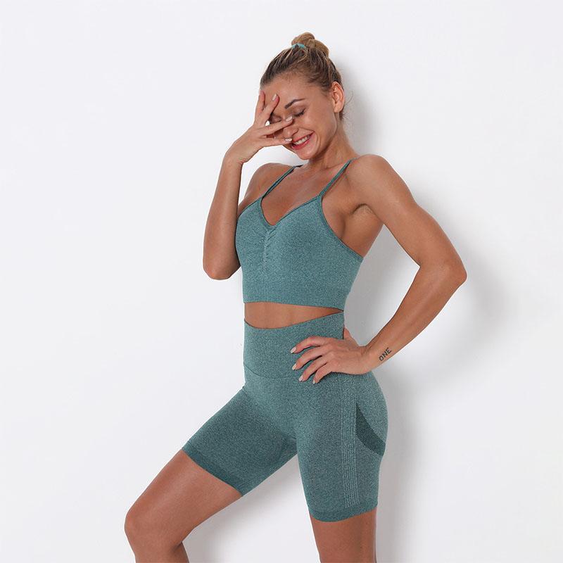 

SALSPOR Seamless Yoga Set Gym Fitness Clothing for Women Sports Suit Set Sports Bra Running Push Up Shorts Seamless Workout, Blue