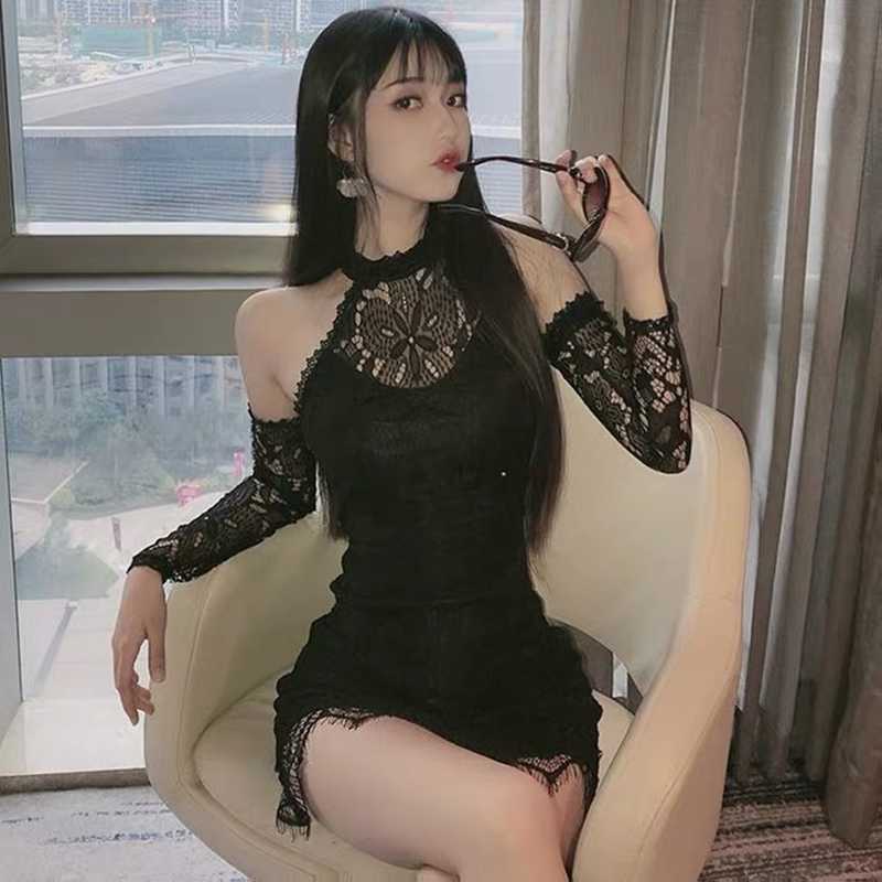 

Sexy black halter lace dress female nightclub club slim mini with sleeves strapless 210604