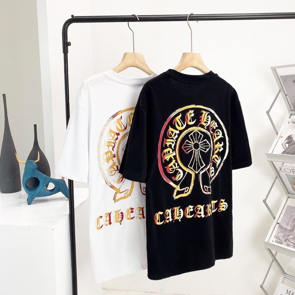 

Fashion Brand Crosin New American Limited Sanskrit Cross Big Horseshoe Short Sleeve T-shirt Casual Loose Men's and Women's, White;black