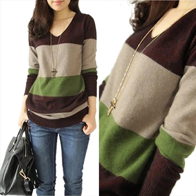 

women stitching cashmere casual sweaters v neck knitted autumn winter striped pullovers, White;black