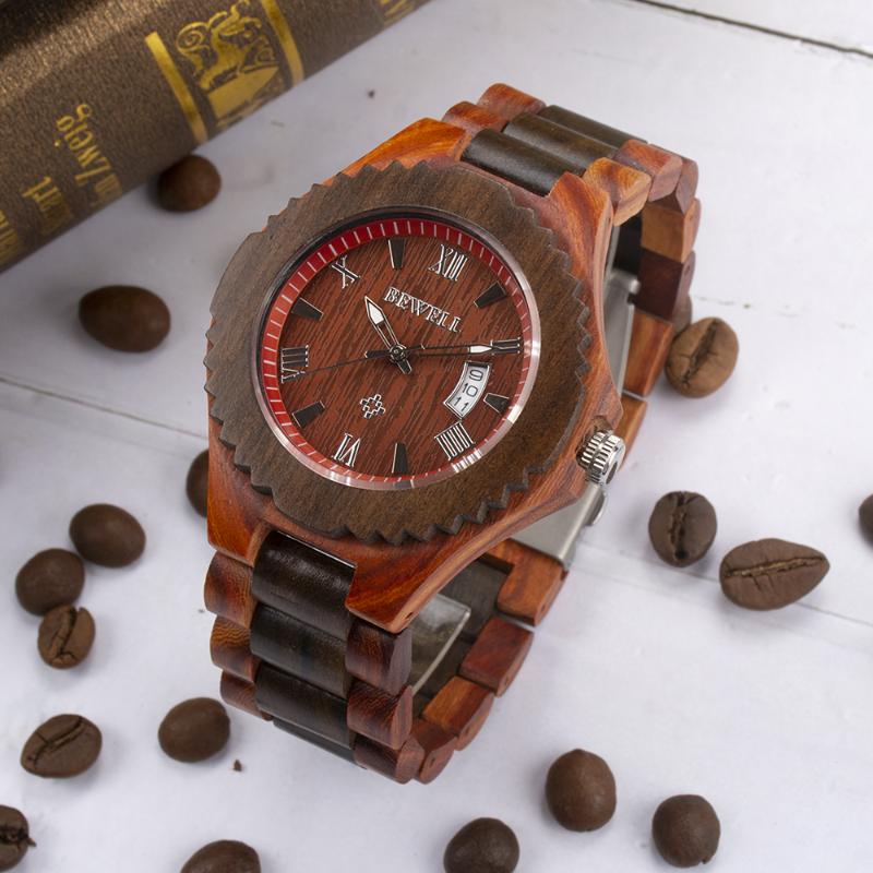 

Wristwatches BEWELL Men's Big Promotion Wooden Watches Handmade Date Display Analog Quartz Vintage Round Wood Case, Tussah yamaki
