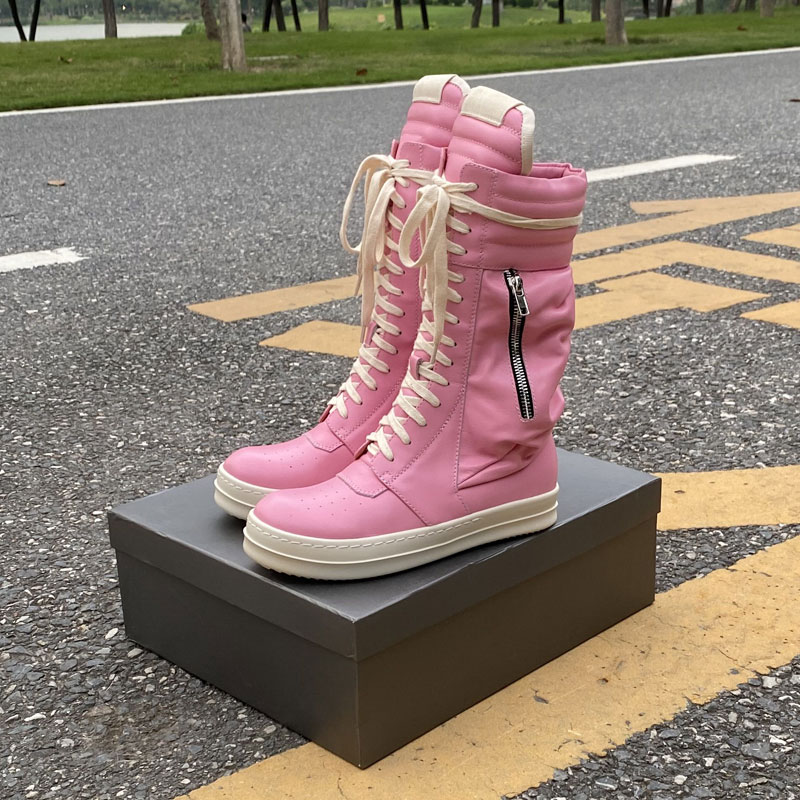 

2021 handmade genuine leather pink military boots fashion persional high top pocket trainer runner shoes