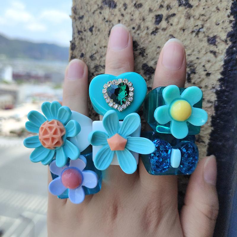 

Cluster Rings Dvacaman 2021 Korean Summer Resin Blue Color Sunflower Square Set For Women Girls Shiny Rhinestone Heart Jewelry