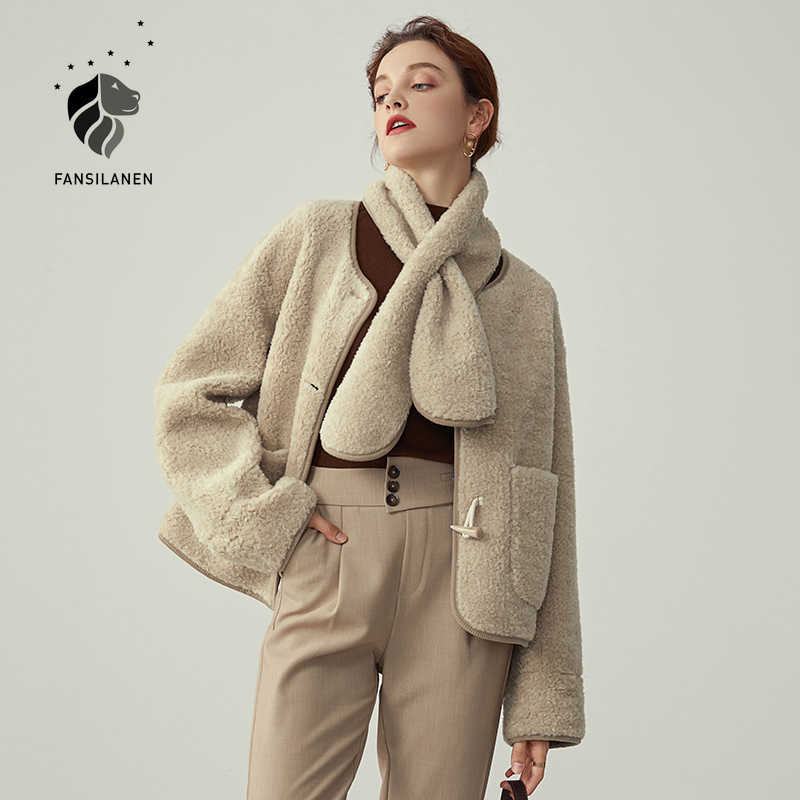 

FANSILANEN Casual horn button short 100% wool coat Women scarf oversized suede jacket Female cashmere vintage winter overcoat 210607, Apricot
