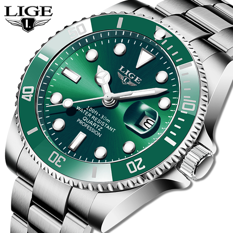 

LIGE Top Brand Luxury Fashion Diver Watch Men 30ATM Waterproof Date Clock Sport Watches Mens Quartz Wristwatch Relogio Masculino, Stainless steel