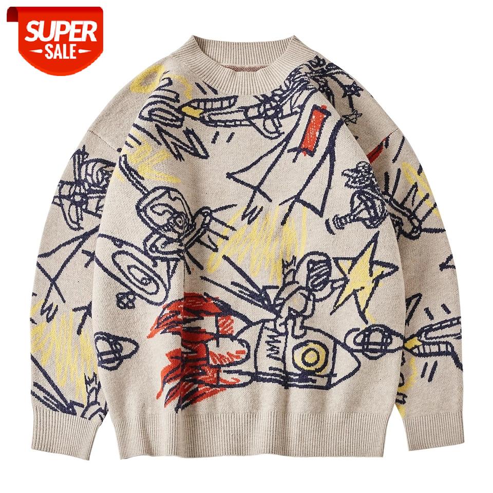 

Harajuku Oversize Sweater Pullover Men Street Graffiti Knitted Sweater Hip Hop Streetwear Retro 2020 Autumn Winter Male #d30o, White;black