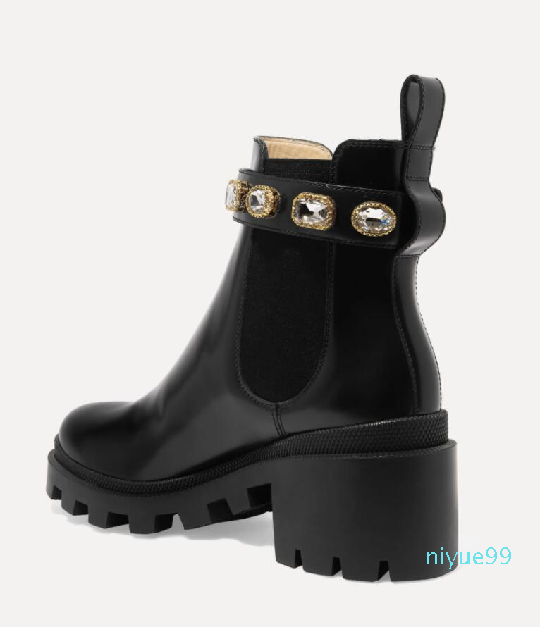 

Fall Winter Luxury Crystal Strap Belt Leather Women's Ankle Boots Chunky Combat Boots Party Wedding Martin Booties With BOX,EU42