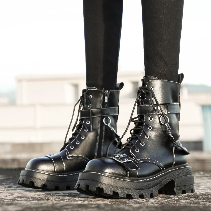 

Inverno/outono Martin Boot Curto Tornozelo/meados Bezerro Lolita Botas Nova Plataforma De Couro Genuno Da Motocicleta Do Punk Gtico Jps0, Booties