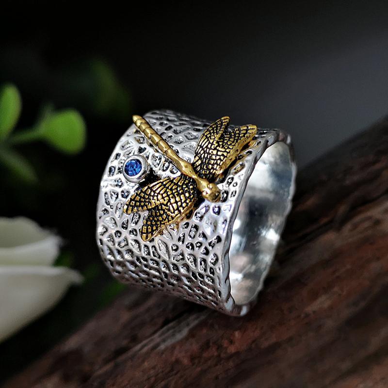 

Wedding Rings Boho Female Blue Opal Jewelry Vintage Silver Color Hollow For Women Dainty Gold Dragonfly Engagement Ring, Slivery;golden