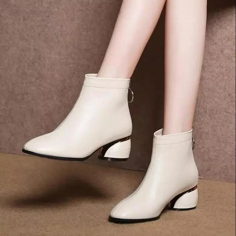 

Dress Shoes Lady Casual Black Pu Leather Round Toe Office High Heel Ankle Boots Women Classic Beige Back Zipper Botas Femininas B9206