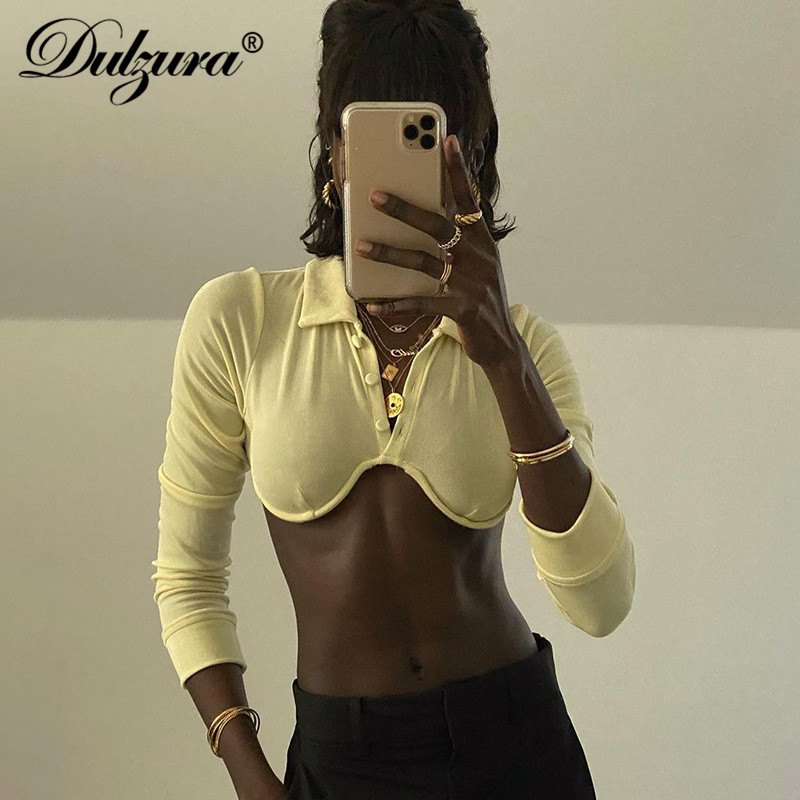 

solid women slit long sleeve t shirt crop turn down collar v neck buttons bodycon streetwear 2021 autumn winterhigh quality, Black;gray