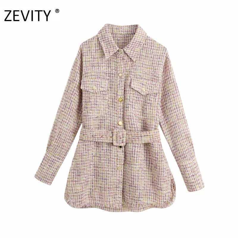 

ZEVITY women vintage pocket tweed woolen sashes coat female long sleeve pearl buttons outwear coat casual chic jacket tops CT571 210603, As pic ct571bb