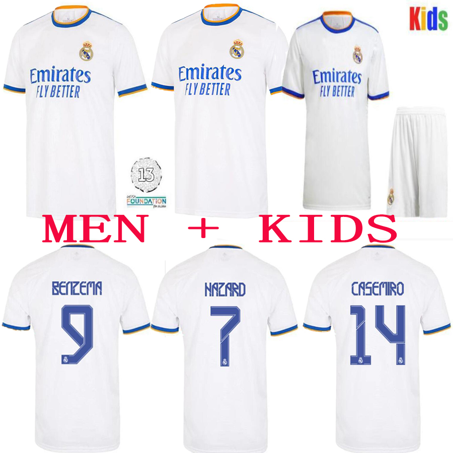 

REAL MADRID jerseys 21 22 soccer football shirt HAZARD SERGIO RAMOS BENZEMA ASENSIO MODRIC MARCELO VINICUS JR Casemiro camiseta men + kids kit 2021 2022, White