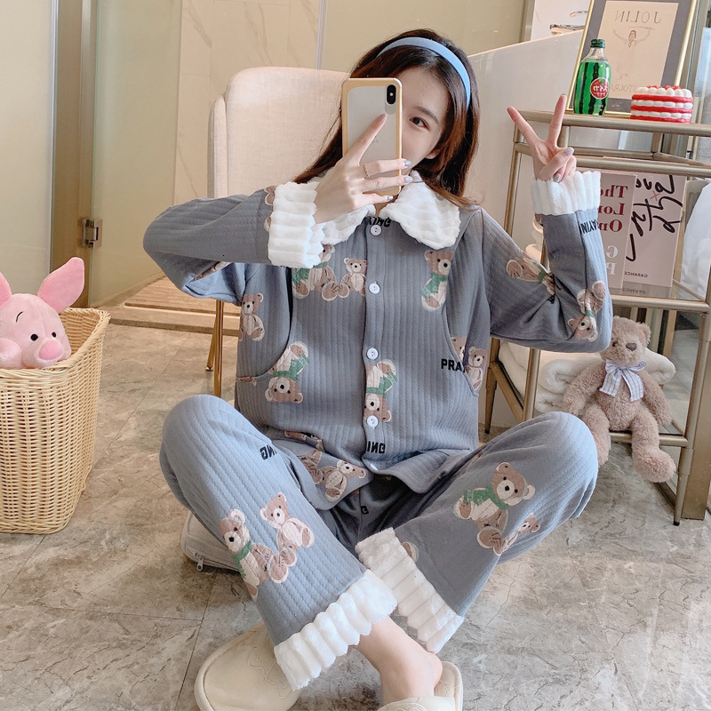 2021 New Cotton Nursing Pajamas Set for Pregnant Women Breastfeeding Nightwear Cute Bear Print Lapel Winter Warm Sleepwear Htzv-image-667442607