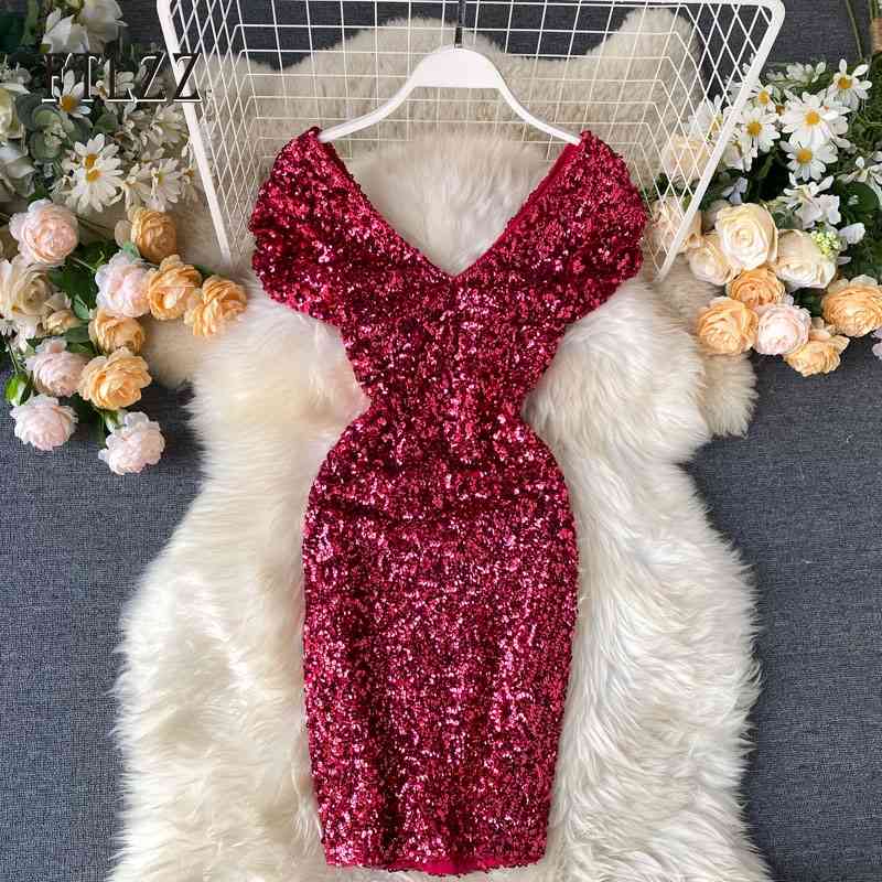 

Women Summer Fashion Shiny Sequins Banquet Party Dress Ladies Sexy V Neck Backless Sleeve Slim High Waist Wrap Dresses 210602