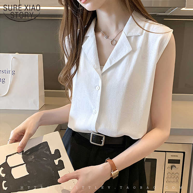

White Shirt Summer Sleeveless Shirts All-match Bottoming Chiffon Blouse Suit Collar Plus Size  Women Tops 10128 210527