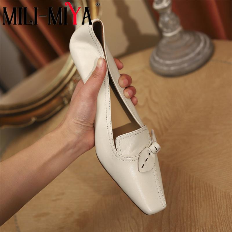 

MILI-MIYA Casual Low Thick Heels Women Genuine Leather Pumps Square Toe Slip On Solid Color Comfortable Street Shoes Handmade, Black