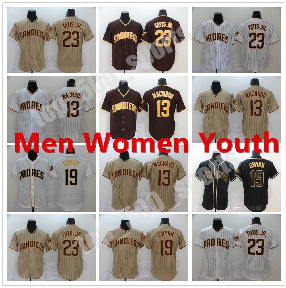 

Custom NEW 2021 Men Women Youth 19 Tony Gwynn Jersey San Diego 13 Manny Machado 23 Fernando Tatis Jr. Flex Base Cool Base Baseball, Blue;black