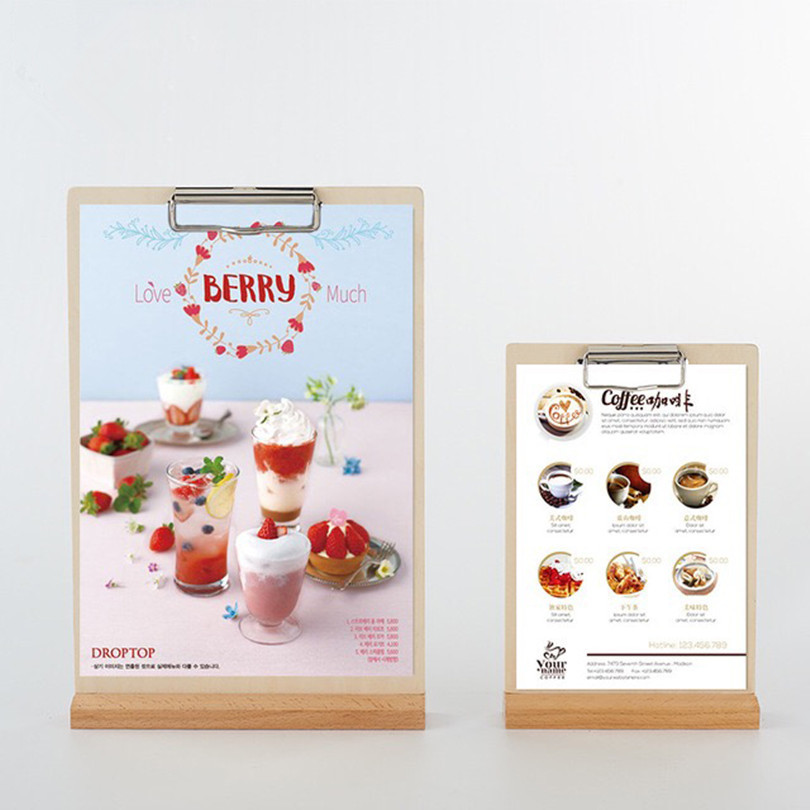 A5 Wood Poster Menu Holder Lean to Perspex Leaflet Display Stands Paper Clip Board For Restaurant-image-498052273