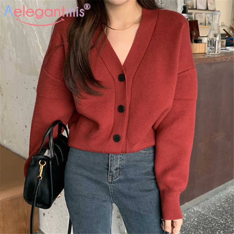 

Aelegantmis Button Up Soft Warm Oversized V Neck Cardigan Women Korean Classic Cozy Female Knitted Sweater Chic 210607, Black