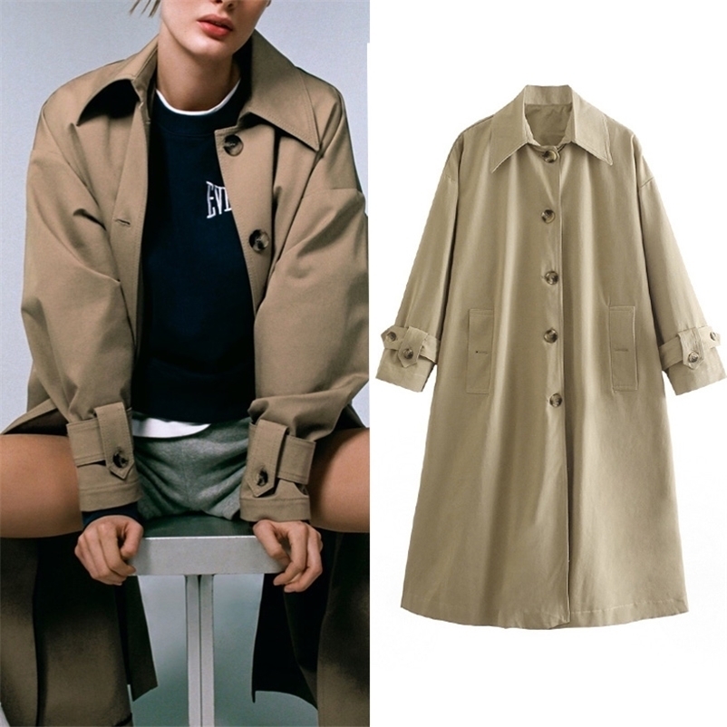 

Women long trench Spring Autumn turn down collar single breasted loose jacket Fashion female outwear coat 210524, Khaki