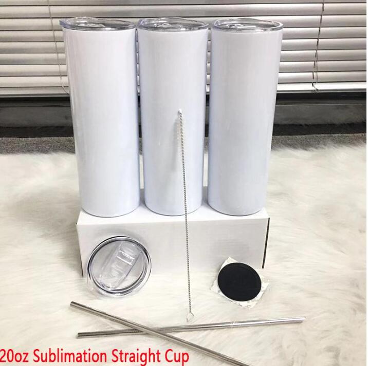 

Wholesales 20oz DIY Sublimation Straight Skinny Tumbler With Metal Straw Rubber Coaster And Straw Brush Doubel Wall Thermos Cup
