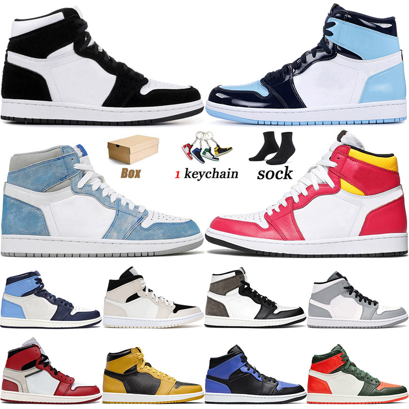 

WITH BOX 2021 JUMPMAN 1 1s Basket Shoes High UNC Patent Hyper Royal Light Fusion Red Obsidian Dark Mocha Mens Women Trainers Sneakers 36-46, D43 black crimson tint