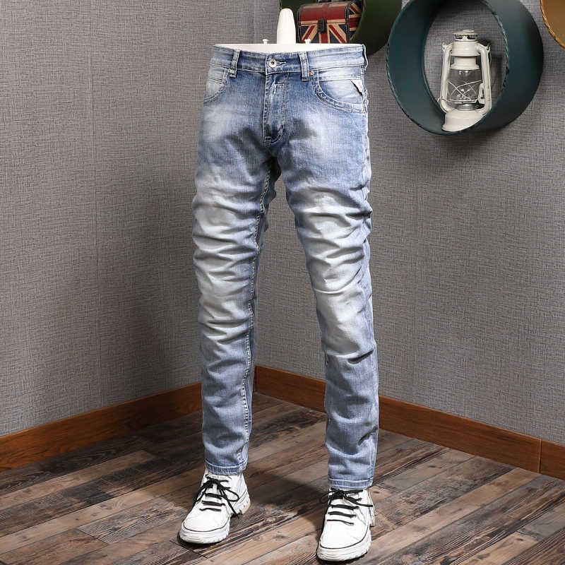 

Italian Style Fashion Men Jeans High Quality Retro Blue Elastic Cotton Slim Fit Casual Denim Pants Vintage Designer OYXP, Retro light blue
