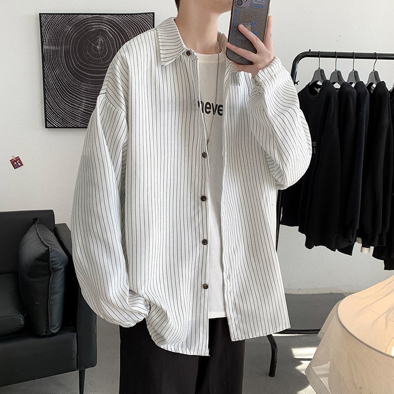 

2021 New Spring Autumn Striped Men's Fashion Business Casual Men Korean Loose Long Sleeve Shirts Mens Social Shirt M301, White