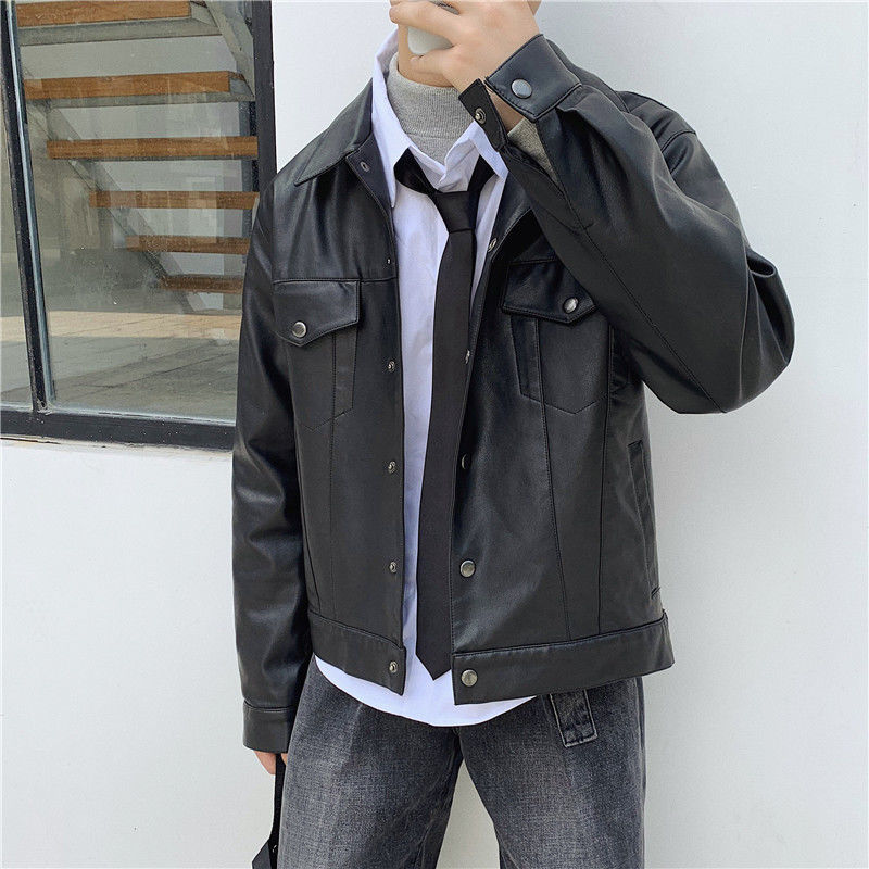 

2021 New Korean Black Leather Men's Slim Fashion Lapel Pocket Motorcycle Jackets Mens Streetwear Loose Hip-hop Bomber Jacket Men Ajqq
