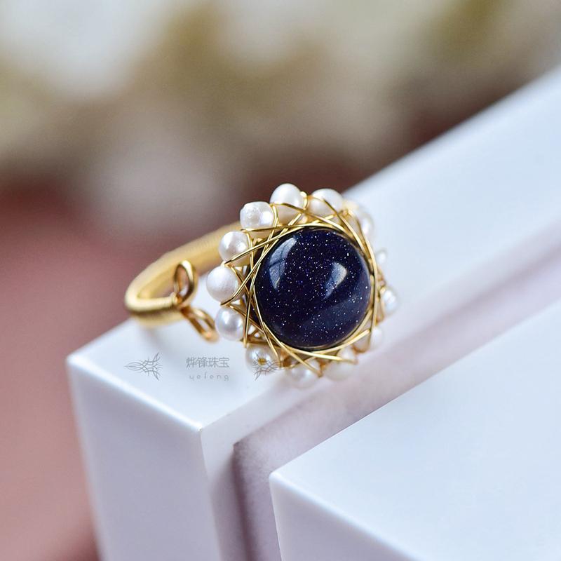 

Cluster Rings Original Adjustable Blue Stone Natural Freshwater Pearl Ring For Women Girl Eternity Anniversary Jewelry
