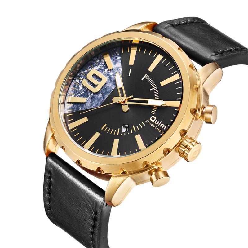 

Wristwatches OULM Fashion Leather Strap Quartz Men Watches Casual Waterproof Date Business Male Clock Gold Montre Homme XFCS, Brown