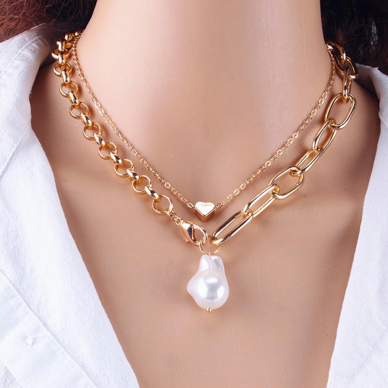 

Pendant Necklaces Design Pearl Chain Choker Necklace Women Baroque Heart Charm Chocker Chains Gold Silver Color Jewelry
