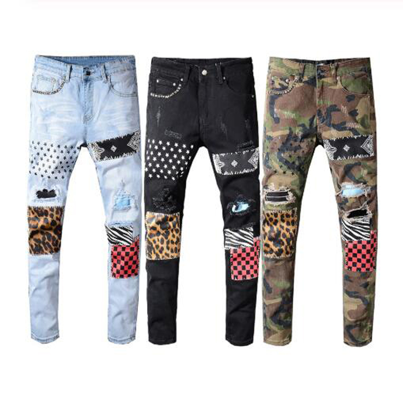 

2021 New Large Size 28-40 Fashion Streetwear Patchwork Designer Printed Men Punk Pants Slim Fit Hip Hop Ripped Jeans Male Og4v, Black