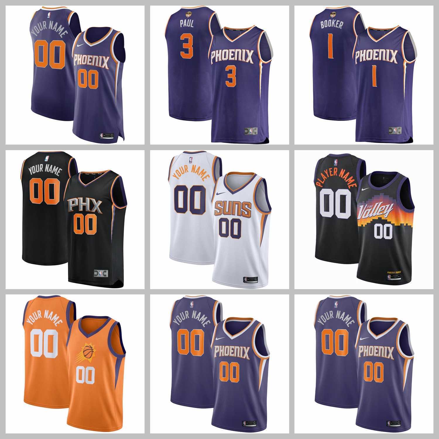 

2021 Basketball Team Jerseys Phoenix Suns Jersey Chris Paul Devin Booker White Black Orange Purple Color Stitched Size S-XXXL Mesh Breathable Quick Dry, As photo