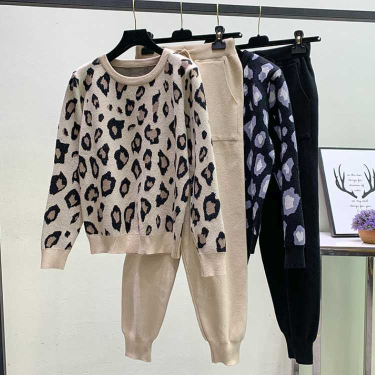 

fashion Autumn Winter Women Suits Leopard Knitted O-Collor Pullover Sweater and Pants Two Piece Set 210526, Photo color