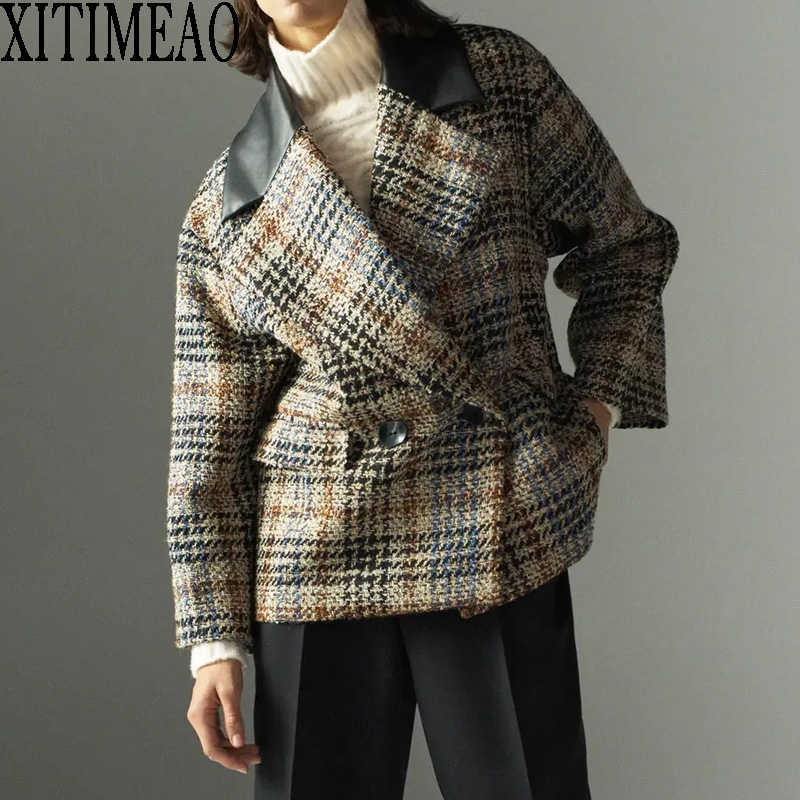 

ZA Women Fashion Loose Version Double Breasted Tweed Check Blazers Coat Vintage Long Sleeve Pockets Female Outerwear Chic Tops 210602, As picture