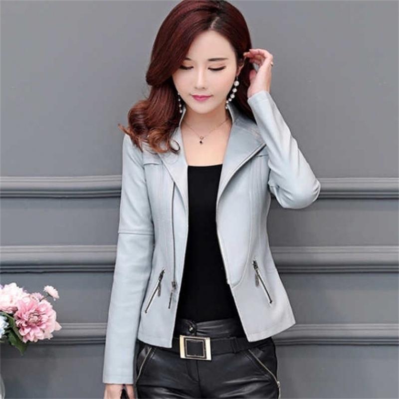 

Plus Size Faux Leather Jacket Women Slim Long Sleeve Zipper Short Coats Spring Autumn Ladies Biker Moto Black Outwear 210525