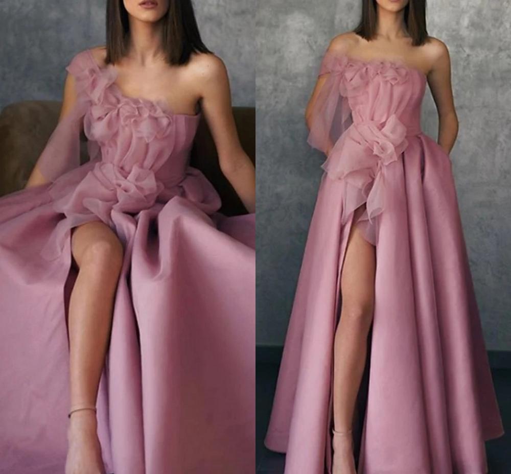 

2021 New A-line Floral Pink Formal Evening One Shoulder Floor Length Satin Organza with Appliques Split Front Prom Es Ni0f, Red
