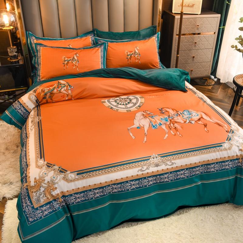 

Luxury Printing Bedding Set Nordic Cotton Plus Velvet Four-piece Suit Fashion Comfortable King Duvet Cover Bedroom Decoration 3D, Yellow