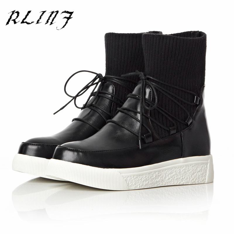 

Boots RLINF Short Thick Bottom Tie Low To Help Flat Matte Leather Women's Sports And Leisure Cotton, Black