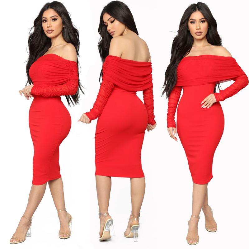 

Casual Dresses Womens Solid Color Off The Shoulder Midi Dress, Red