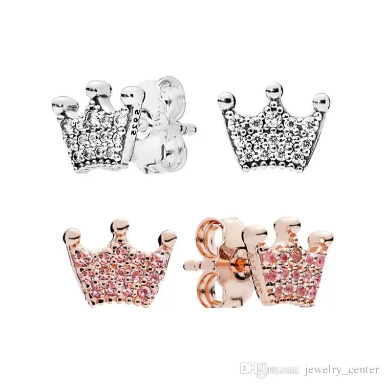 

18K Rose gold Enchanted Crowns Stud Earring Original Box for Pandora 925 Sterling Silver Clear CZ Crown Earrings Women Girls Jewelry Set, Golden;silver