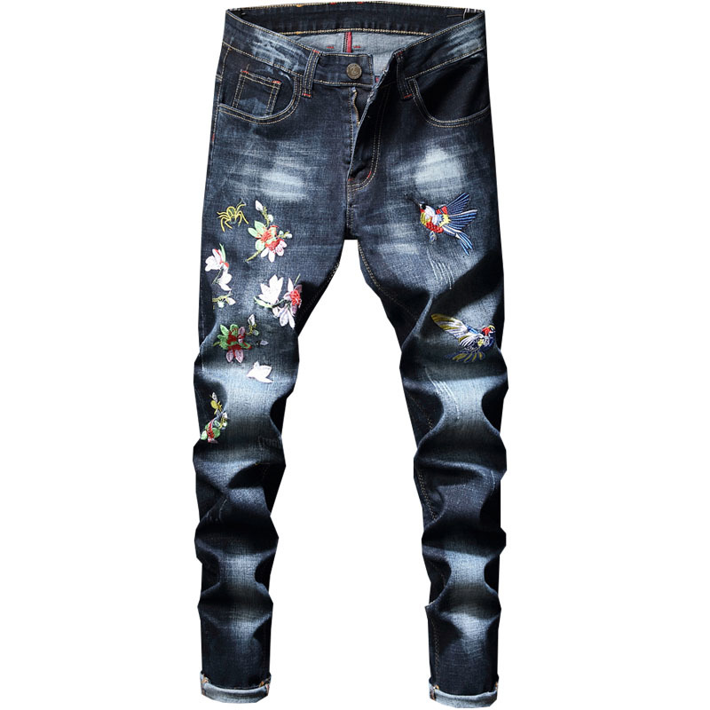 

2021 New Pantalon Homme Bordados Desenhos Florais Denim Dos Homens Estiramento Magro Calas Brim De Alta Qualidade Moda Masculina Y385, Blue