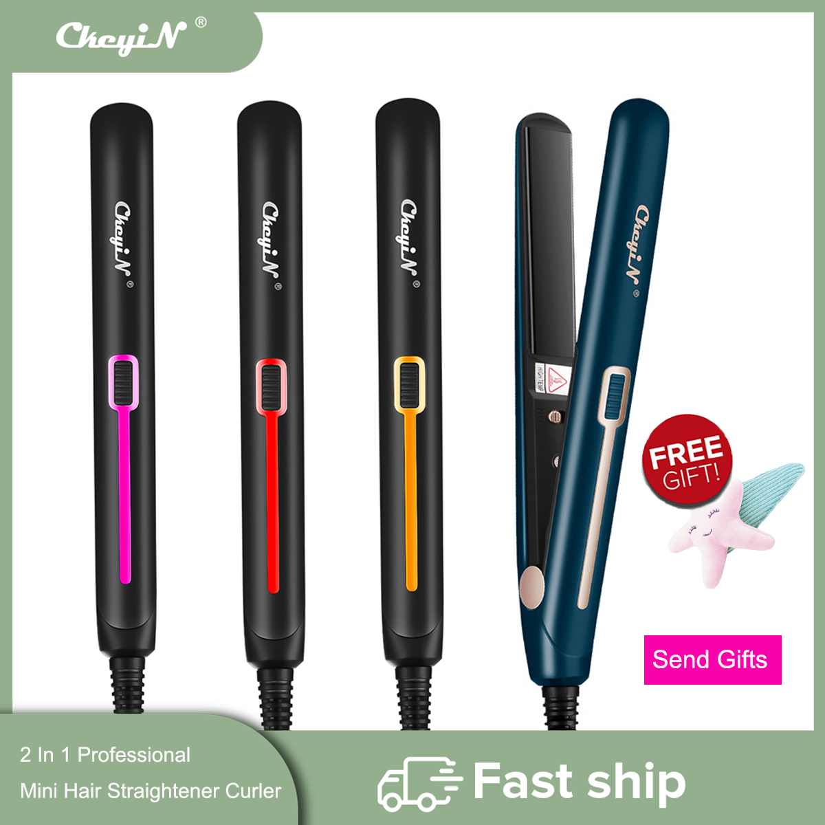 

CkeyiN 2 In 1 Mini Hair Straightener Professional Curler Fast Heat Flat Iron Ceramic Irons Portable Straightening Styling Tools
