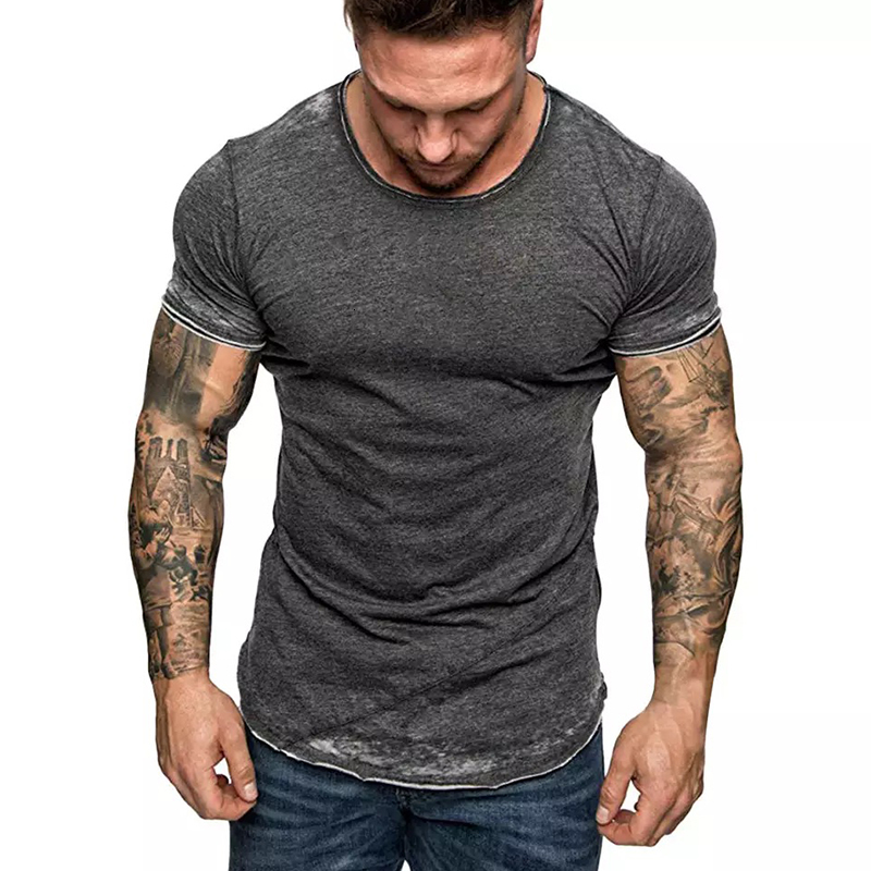 

2021 Men's T-shirt O-neck Zipper Sleeve Short Slender Casual Fitness Elastic Gym Fine Color Solid Male Simple Design Shirts J1cl, Pink red