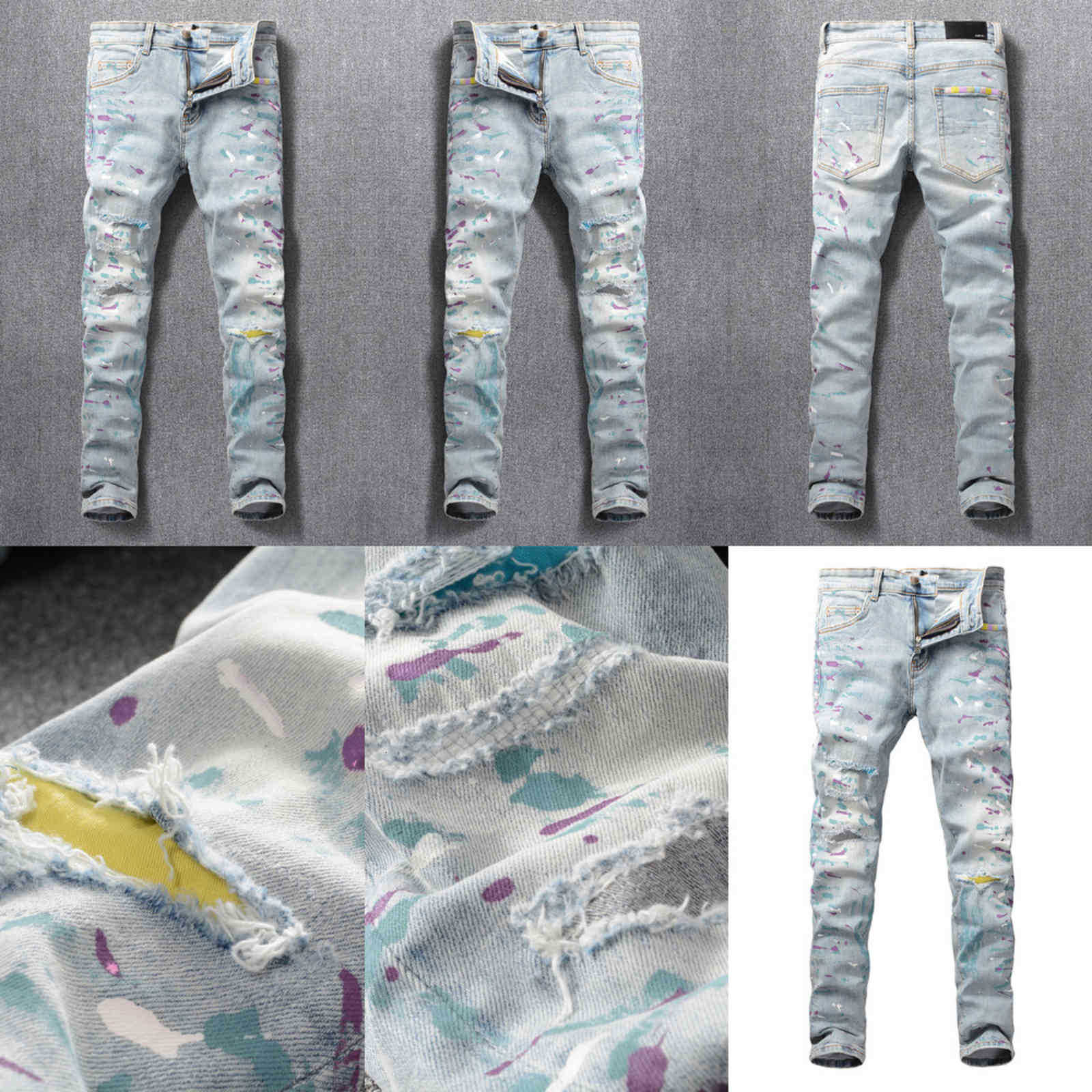 

amiry jeans Street fashion men's with holes painted, Light blue