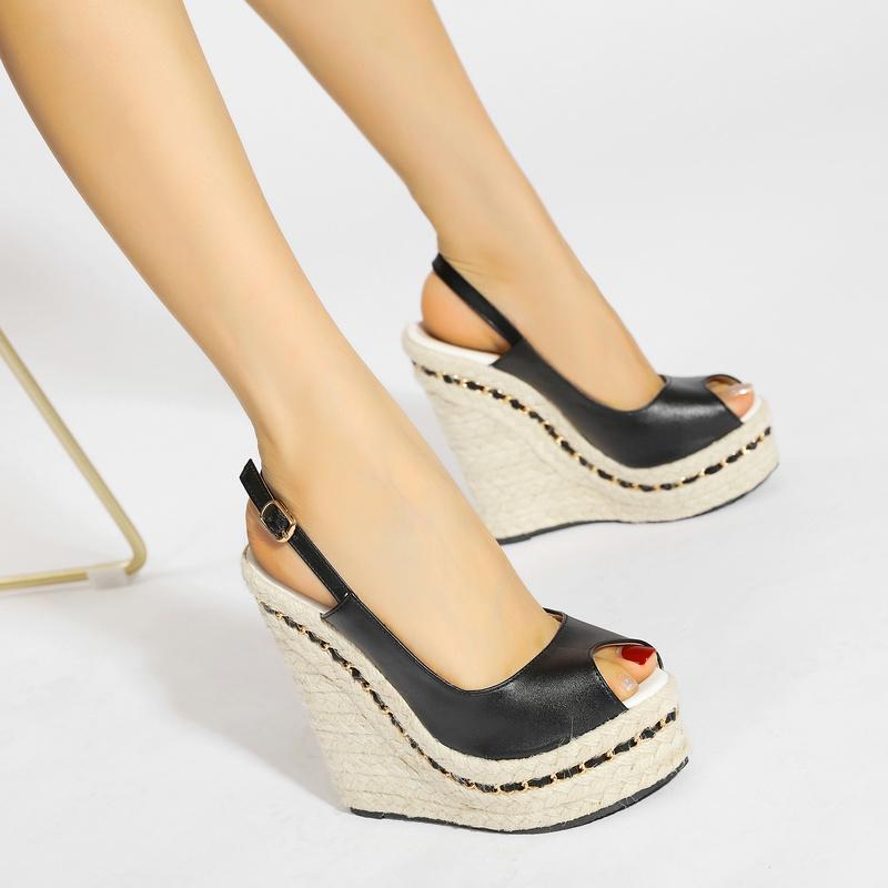 

Summer Gladiator Sandals Women High Heels Wedges Espadrille Shoes Ladies Buckle Strap Platform Pumps Big Size Sandalias Mujer, Black